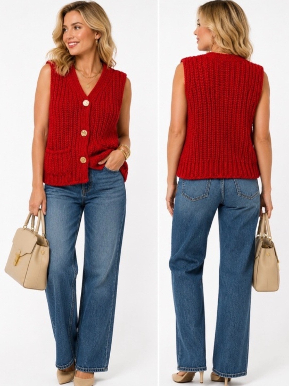 No Comment Red Chunky Knit Button Vest Size Small NWT